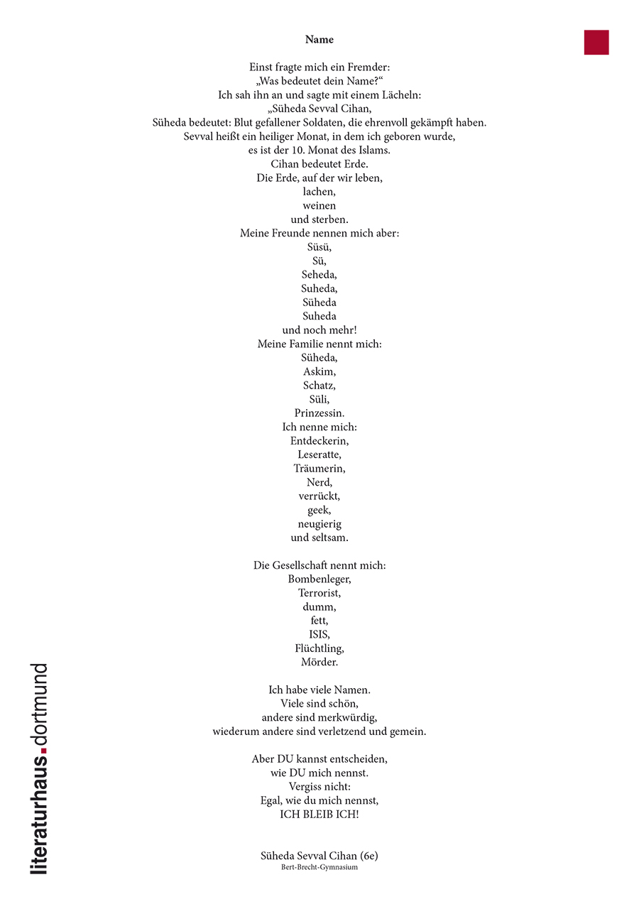 Name – ein Gedicht von Süheda Sevval Cihan – 6e ,Bert-Brecht-Gymnasium