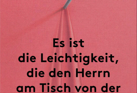 Cover von Es ist die Leichtigkeit, die den Herrn am Tisch von der Putzfrau unterscheidet von Slata Roschal: Rosa Hintergrund, ein silbernes Handmikrofon steckt in Stoff und zieht Falten, schwarzer Titeltext.